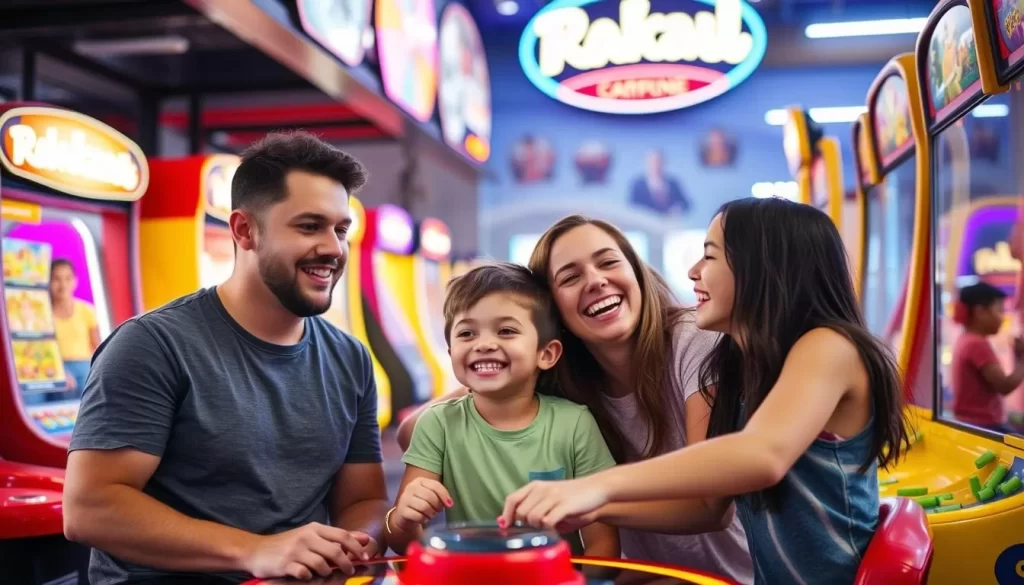 Generate an image of a family having fun at an arcade with various games and prize redemption.