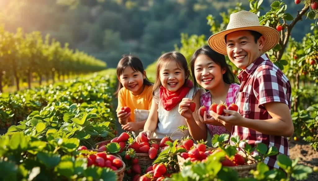 Generate an image of a family picking strawberries in a sunny orchard near Kōfu.