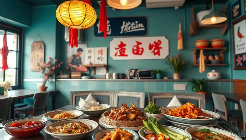 Generate an image of a family-run Vietnamese restaurant with a welcoming atmosphere, featuring traditional Red River region dishes.