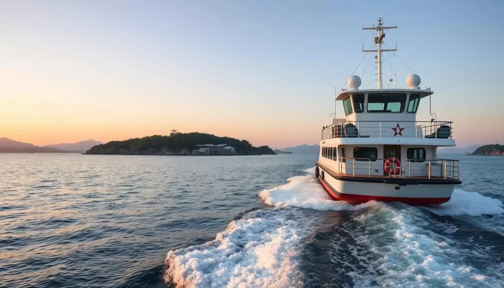 Generate an image of a ferry approaching Naoshima, with the island's modern art installations visible in the background.
