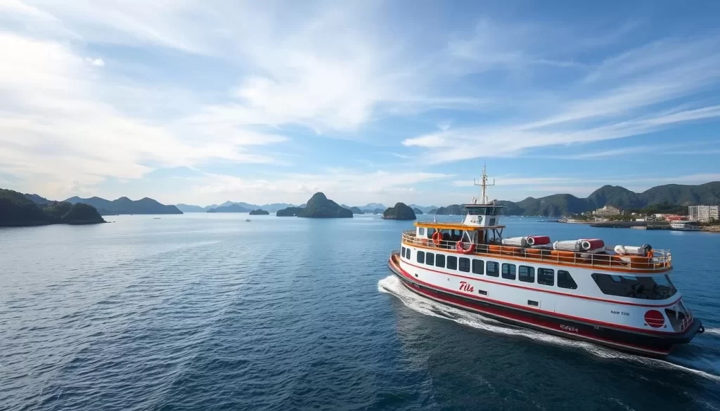 Generate an image of a ferry traveling between Kagoshima's mainland and its surrounding islands.