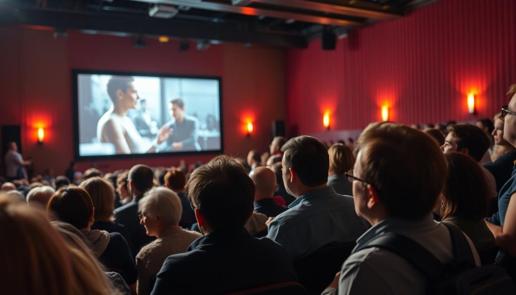 Generate an image of a film screening at the International Documentary Film Festival Amsterdam (IDFA), with a diverse audience and a large screen displaying a documentary.