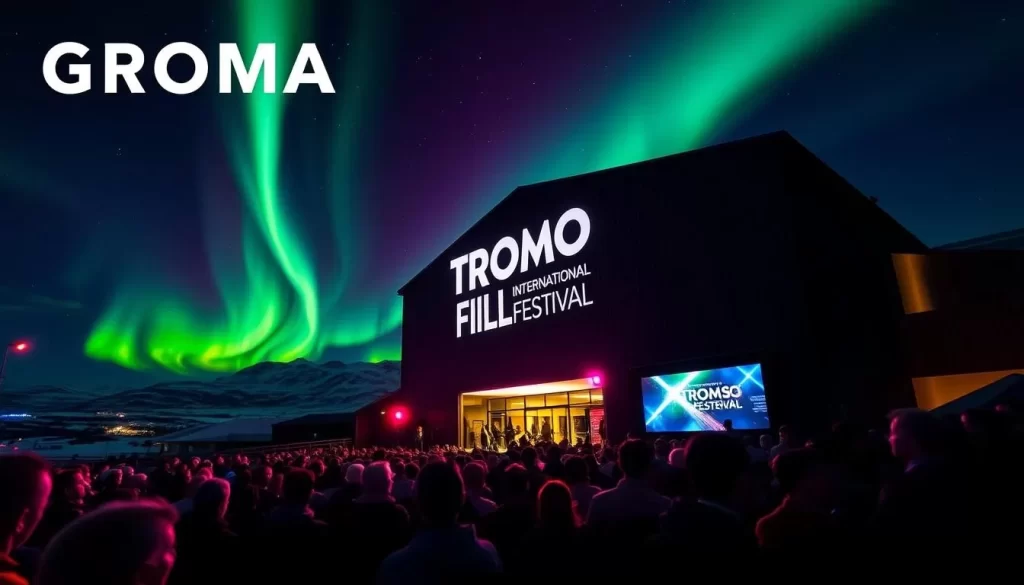 Generate an image of a film screening at the Tromsø International Film Festival with the Northern Lights visible outside.