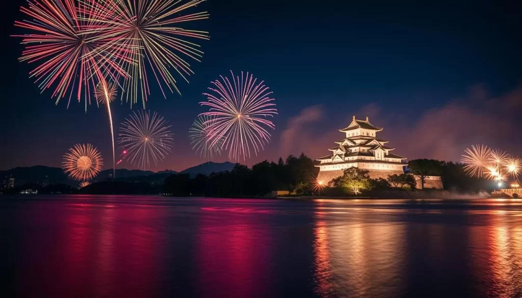 Generate an image of a fireworks display over Lake Shinji with Matsue Castle in the background.