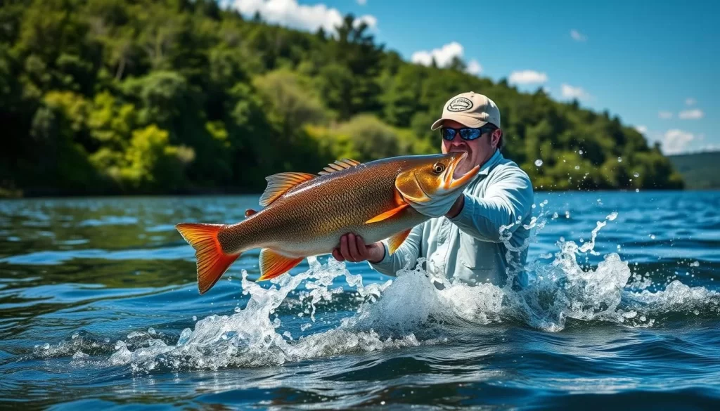 Generate an image of a fisherman catching a large fish on Lake Jocassee