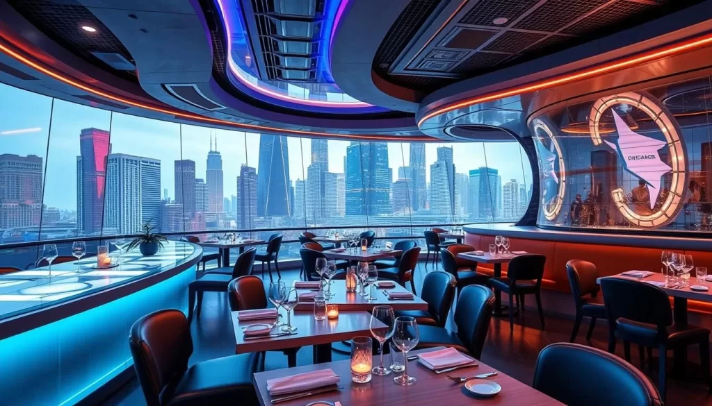 Generate an image of a futuristic dining setting in Chicago.