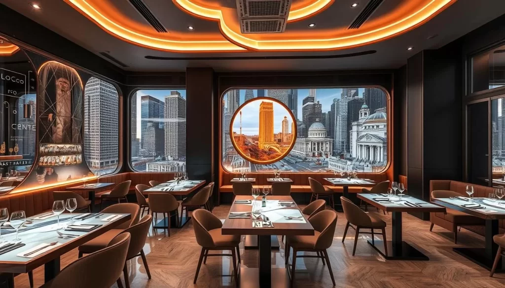 Generate an image of a futuristic restaurant in Chicago with interactive tables and augmented reality elements.