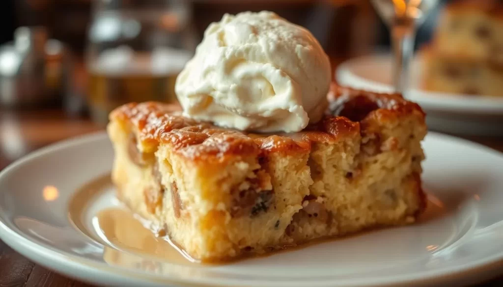 Generate an image of a generous slab of bread pudding served warm at Harold & Belle's, topped with a scoop of vanilla ice cream.