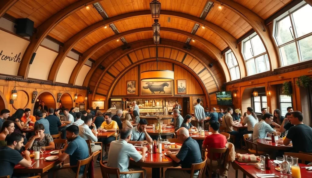 Generate an image of a giant barrel-shaped restaurant with people dining inside.