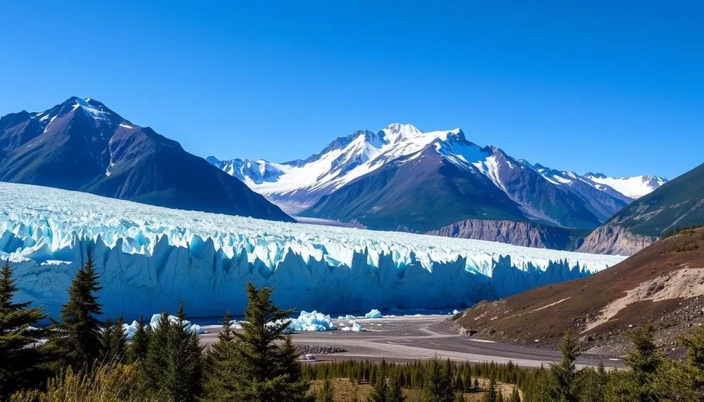 Generate an image of a glacier in Kluane National Park with mountains in the background.
