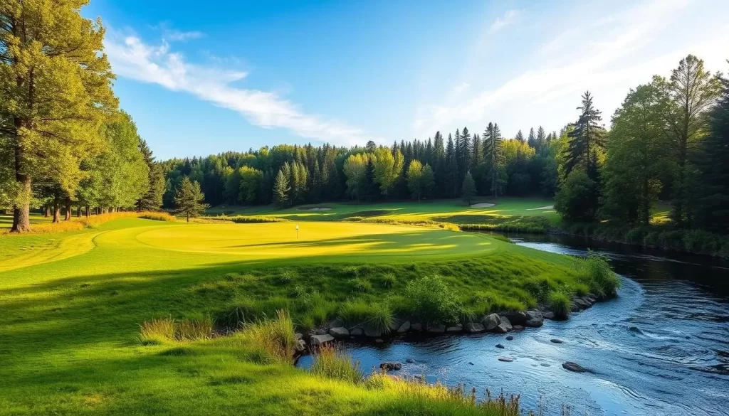Generate an image of a golf course in Hay River with lush greenery and a serene background.