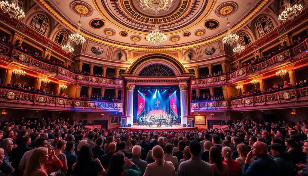 Generate an image of a grand concert hall in Chisinau during the Martisor Music Festival, with a crowd enjoying classical music performances.