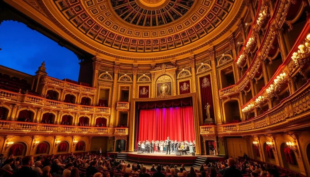Generate an image of a grand, historic venue hosting a diverse range of artistic performances, including dance, theater, and music, with an international cast.