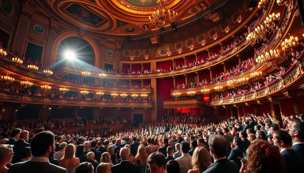 Generate an image of a grand opera house with people attending an opera performance.