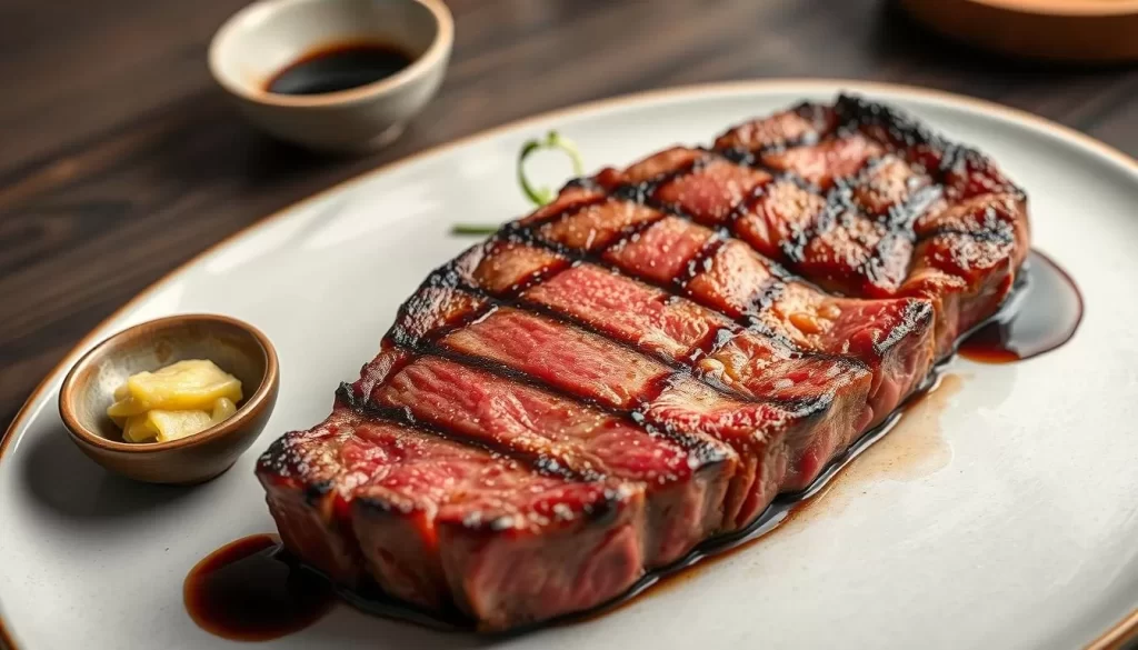 Generate an image of a grilled Miyazaki Beef steak served with a side of wasabi and soy sauce.