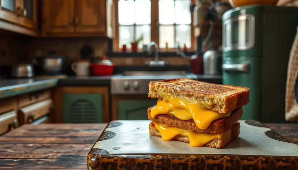 Generate an image of a grilled cheese sandwich being prepared in a vintage kitchen setting.
