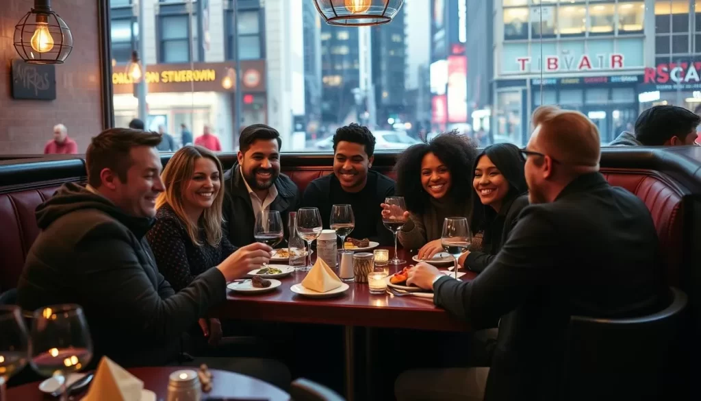 Generate an image of a group enjoying an interactive dining experience in Chicago