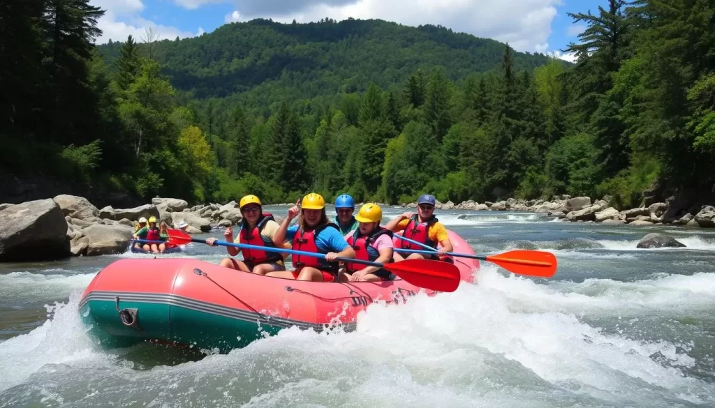 Generate an image of a group of people whitewater rafting on the Chattooga River.