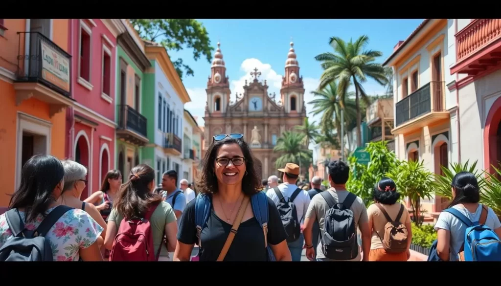 Generate an image of a guided walking tour in León, Nicaragua, featuring a local guide and tourists walking towards the León Cathedral.