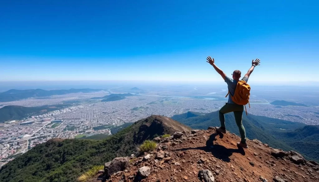 Generate an image of a hiker reaching the summit of Puerto Diablo with a panoramic view of San Salvador in the background.