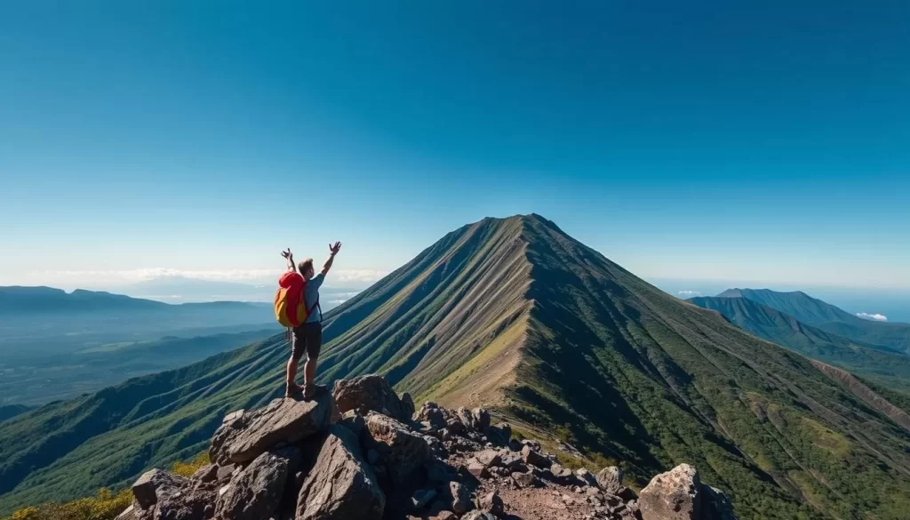 Generate an image of a hiker standing at the summit of a volcanic peak in the Kirishima mountain range.