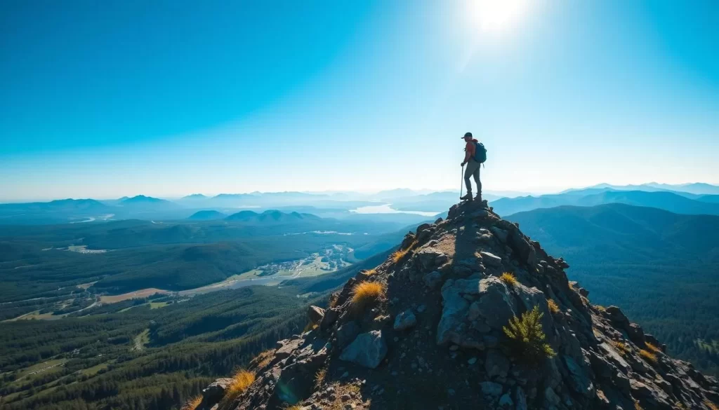 Generate an image of a hiker standing atop a long esker with a panoramic view of the surrounding wilderness.