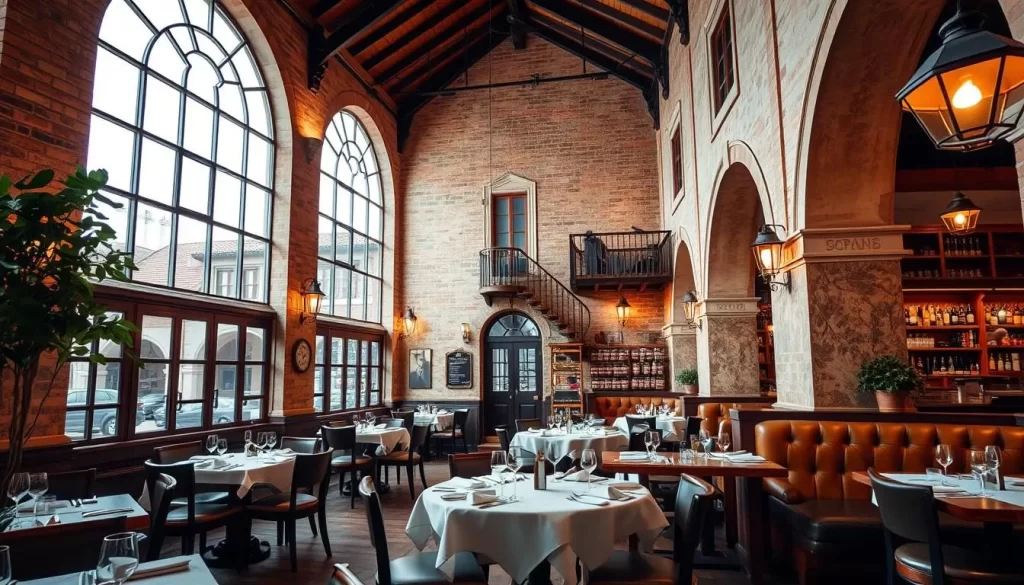 Generate an image of a historic restaurant with a modern twist, featuring a cozy atmosphere.