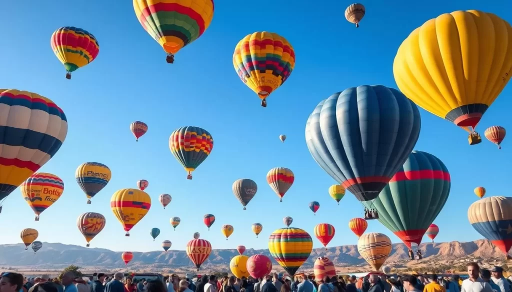 Generate an image of a hot air balloon festival with colorful balloons dotting the sky.