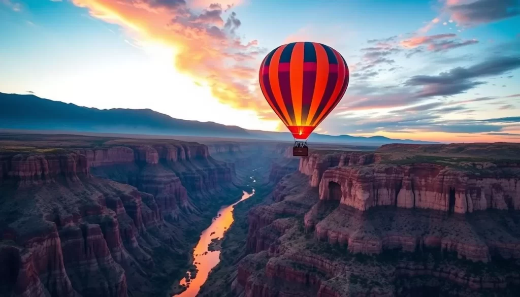 Generate an image of a hot air balloon floating above the Rio Grande Gorge in Taos, New Mexico, at sunrise.