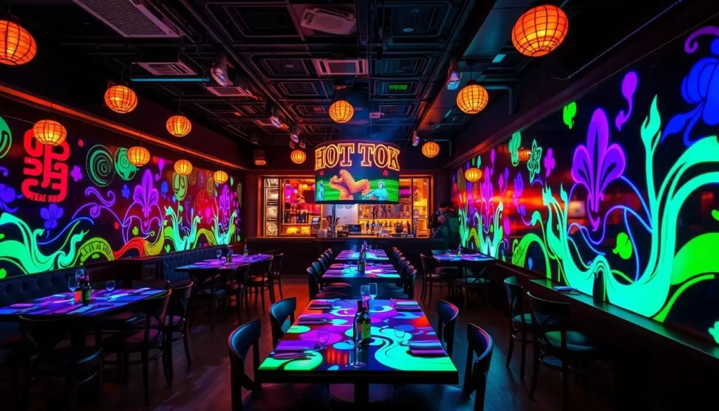 Generate an image of a hot pot restaurant in Chicago with elaborate light projections on the tables and surrounding areas.