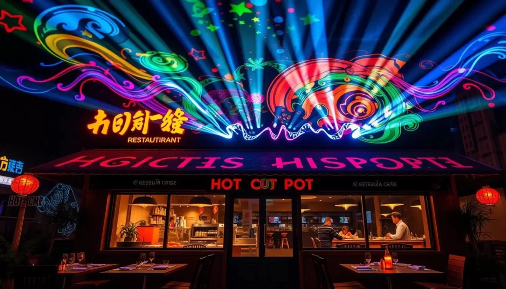 Generate an image of a hot pot restaurant with elaborate light projections