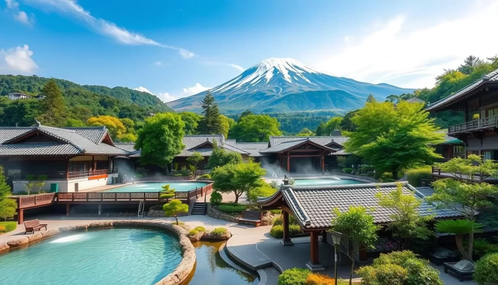 Generate an image of a hot spring resort in Hakone with Mount Fuji in the background.