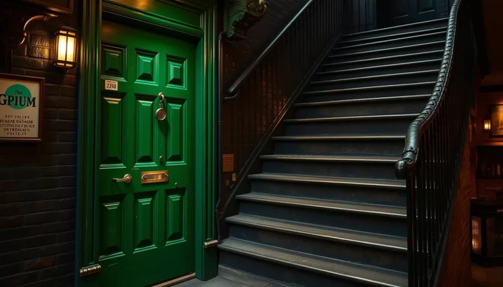 Generate an image of a jade green door on Gerrard Street, Soho, with a dark stairway leading up to it, symbolizing the secret entrance to Opium.
