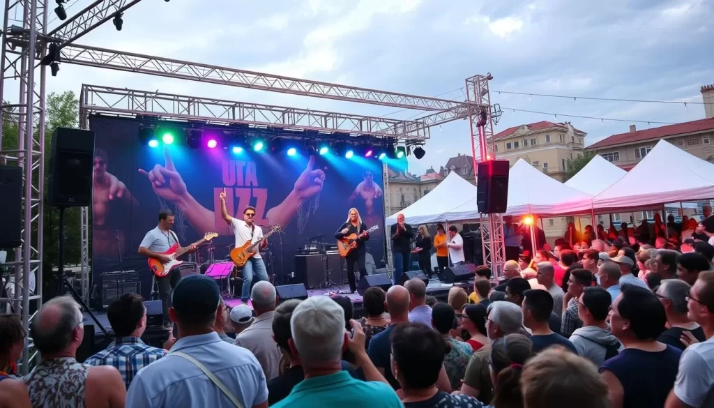 Generate an image of a jazz festival in Skopje, North Macedonia, with a stage filled with musicians and a crowd enjoying the music.
