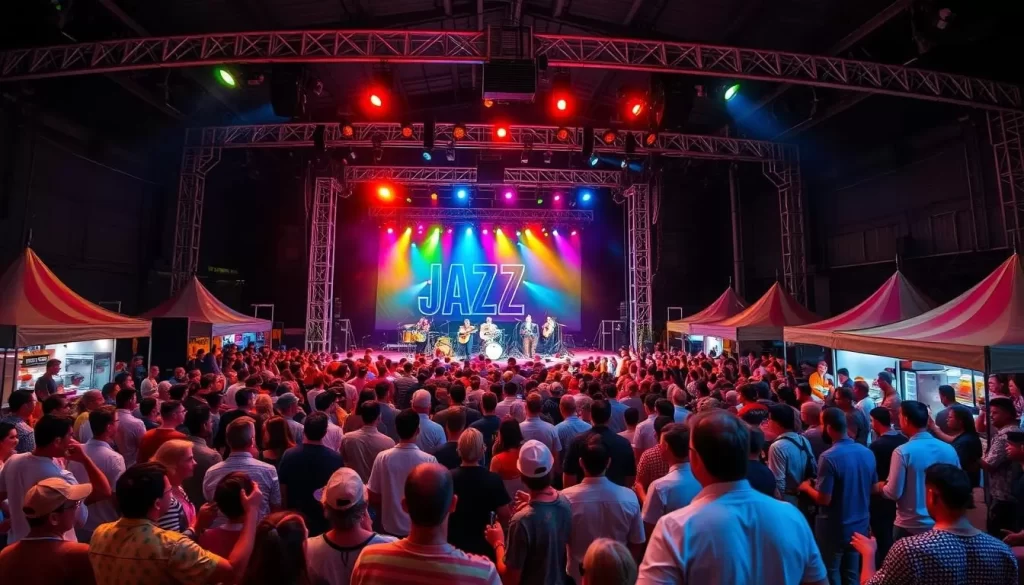 Generate an image of a jazz festival with a large crowd enjoying live music.