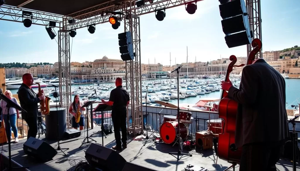 Generate an image of a jazz performance at the Malta Jazz Festival, with the Grand Harbour in the background.