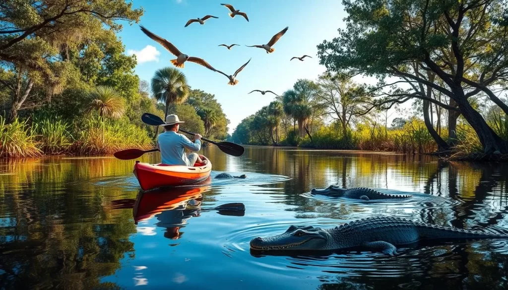 Generate an image of a kayaker paddling through a serene bayou with birds flying overhead and alligators in the water.