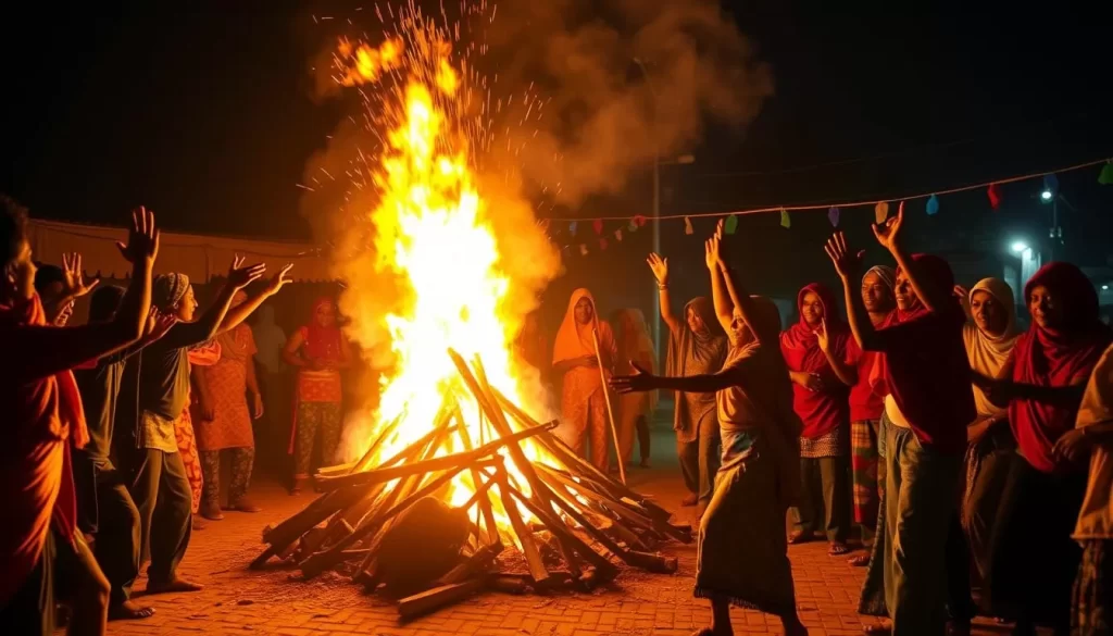 Generate an image of a large bonfire with Somalis dancing around it, celebrating Neeroosh.