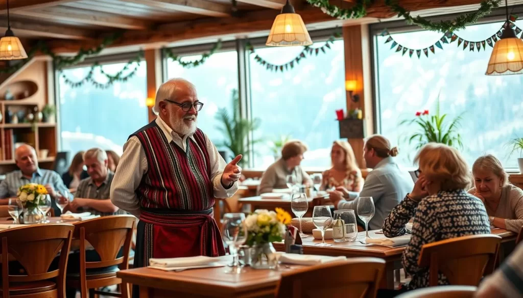 Generate an image of a lively Austrian Alpine-themed restaurant with an elderly host in traditional attire entertaining diners.
