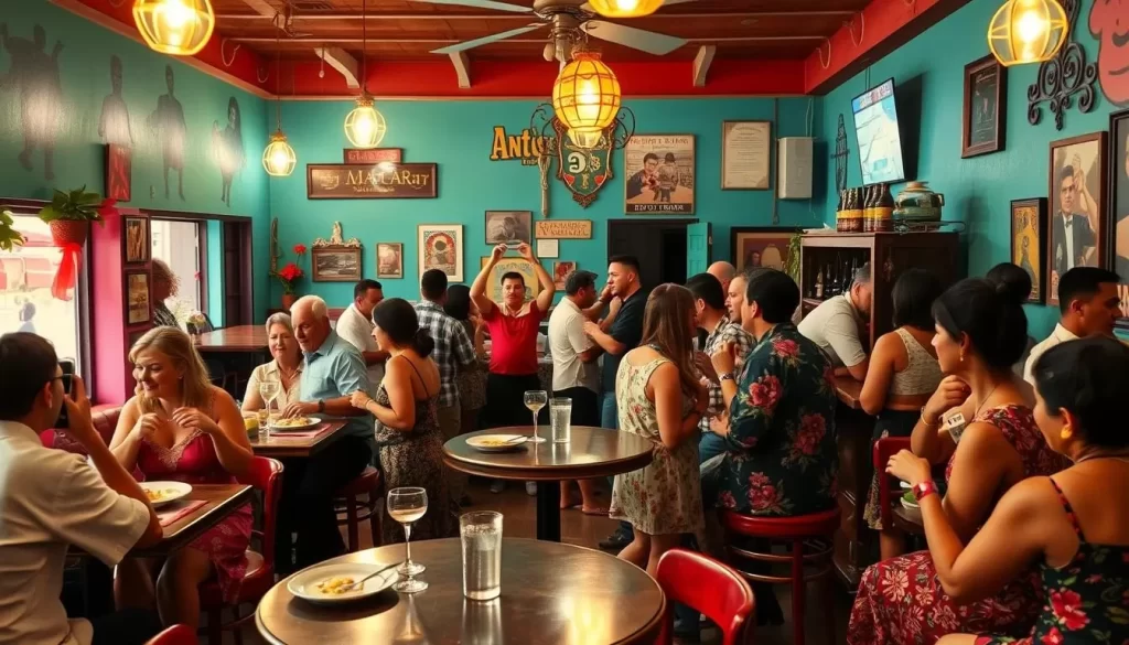 Generate an image of a lively Cuban restaurant with people dancing and enjoying their meals.