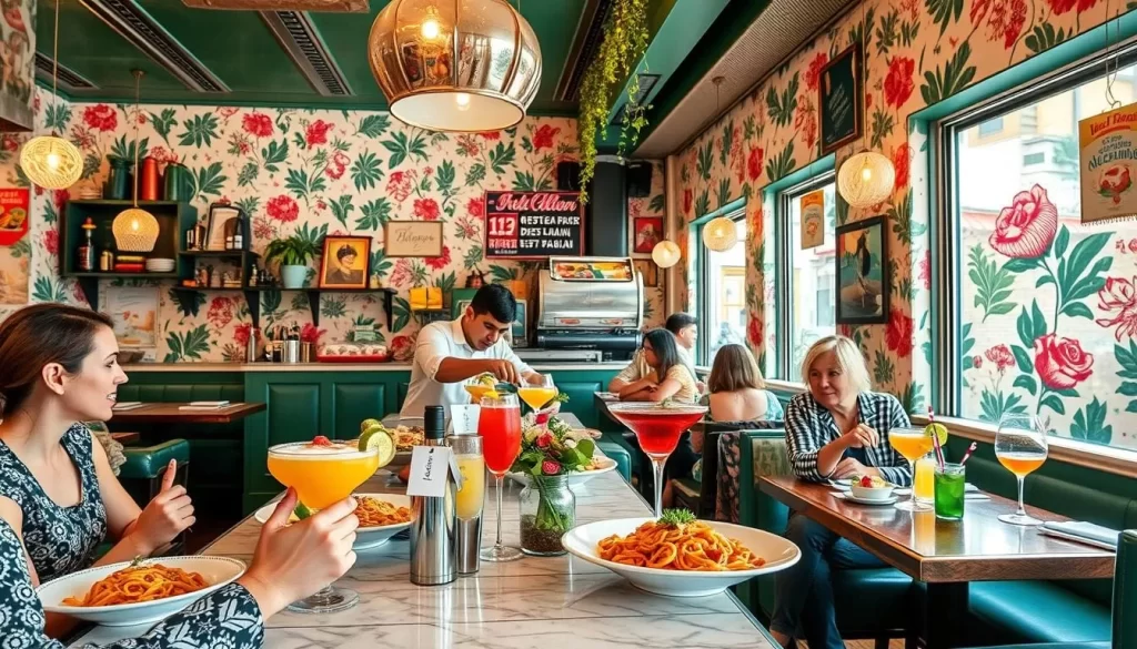 Generate an image of a lively Italian-American restaurant with retro wallpaper, serving creative pasta dishes and cocktails.
