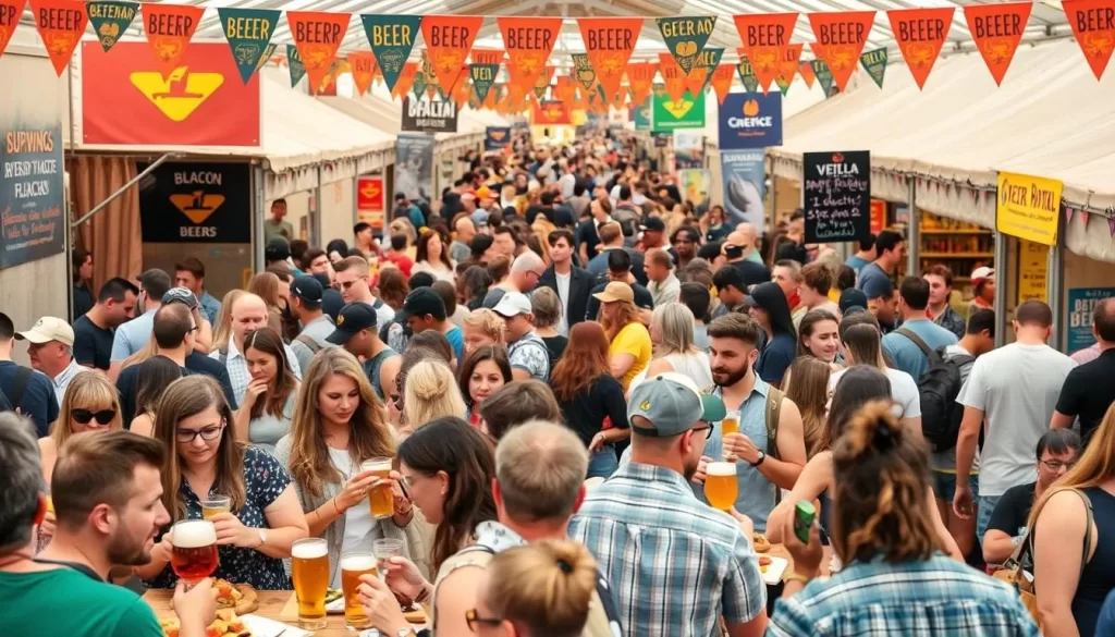 Generate an image of a lively beer festival with people enjoying local beers and food.