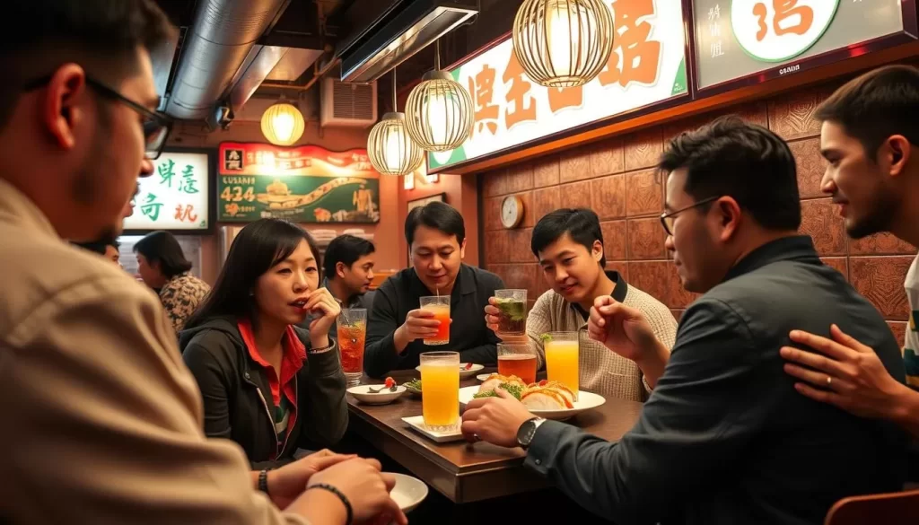 Generate an image of a lively, cash-only sushi restaurant in a Jackson Heights basement, with patrons enjoying high-quality sushi and drinks in a party atmosphere.