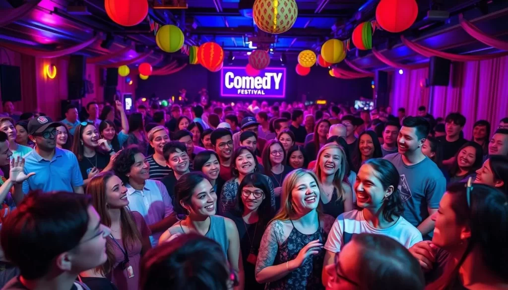 Generate an image of a lively comedy festival scene in Winnipeg, Manitoba, with people laughing and enjoying live performances.