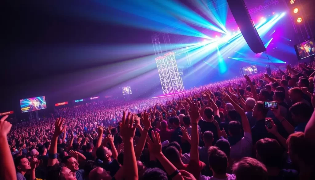 Generate an image of a lively concert scene with a large crowd enjoying a performance by a well-known artist at the Isle of MTV Malta event.