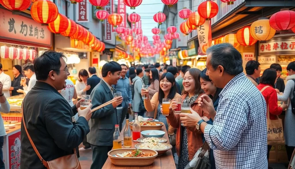 Generate an image of a lively festival scene with people enjoying sake and local food in Kōchi.