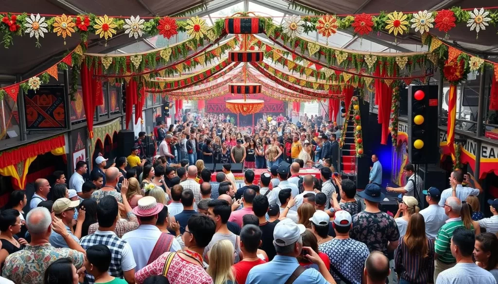 Generate an image of a lively music festival in Georgia with a mix of traditional and modern elements.