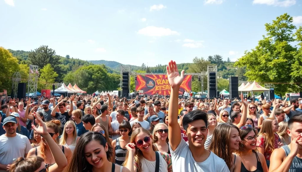 Generate an image of a lively music festival with a crowd of young people enjoying live music in a scenic outdoor setting.