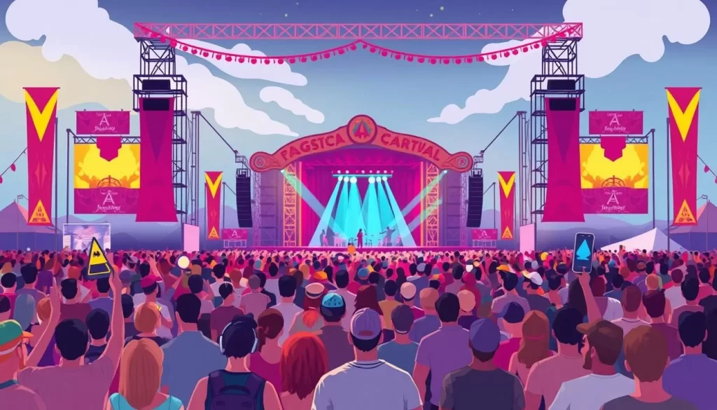 Generate an image of a lively music festival with a large crowd and stage.