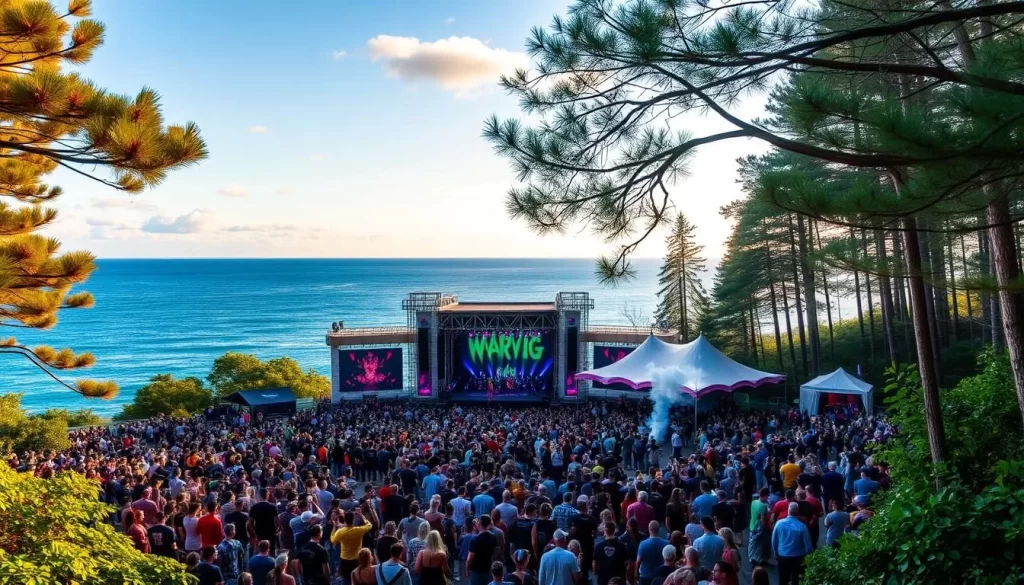 Generate an image of a lively music festival with multiple stages in a beautiful forest by the sea.